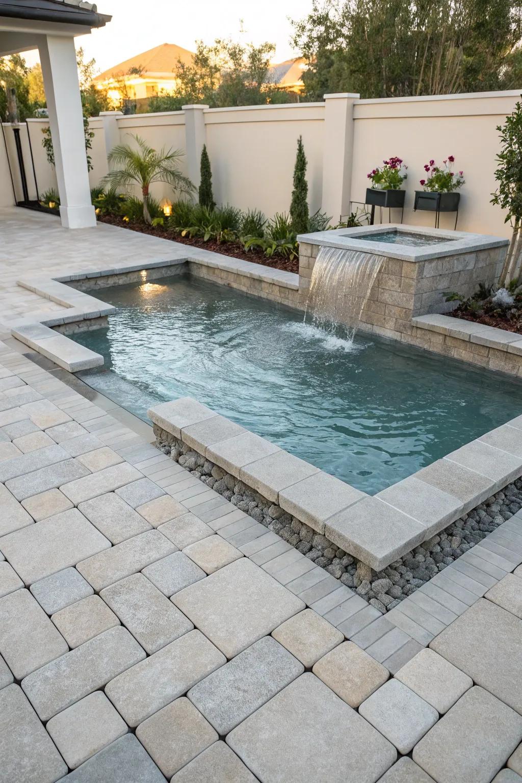A water feature adds a calming and luxurious touch to the pool area.