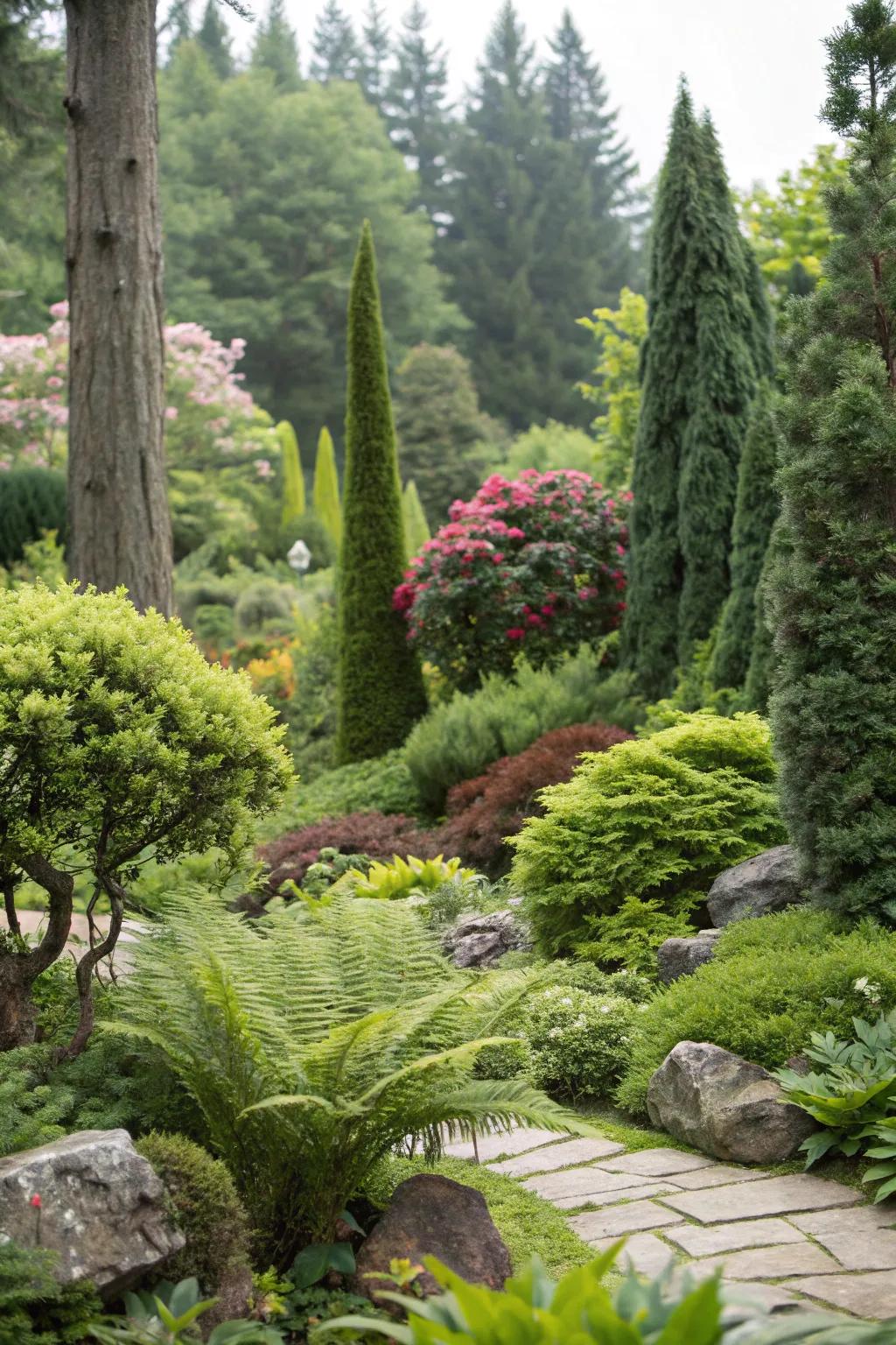 Abundant foliage creates a serene and secluded garden.