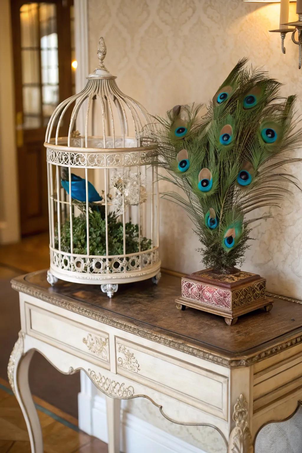 An imaginative aviary focal point filled using avian plumes.