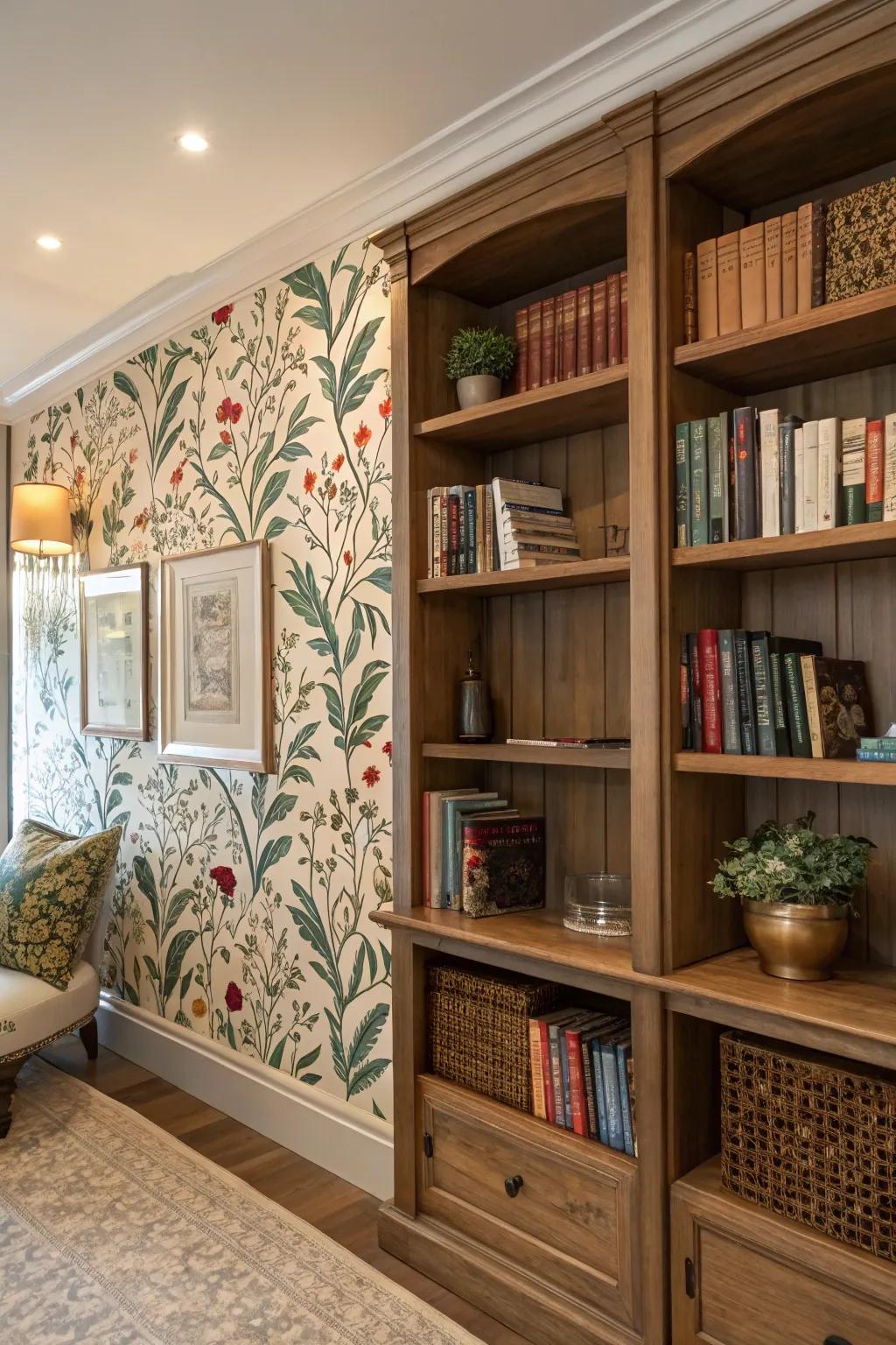 Highlight your shelves using stylish wallpaper backdrops.