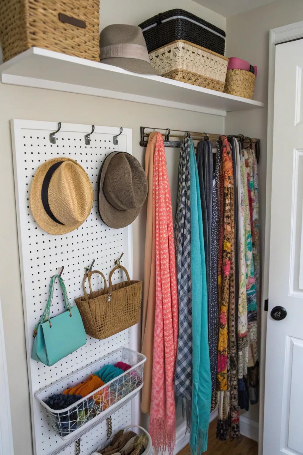 Pegboard organizers enhance closet efficiency.