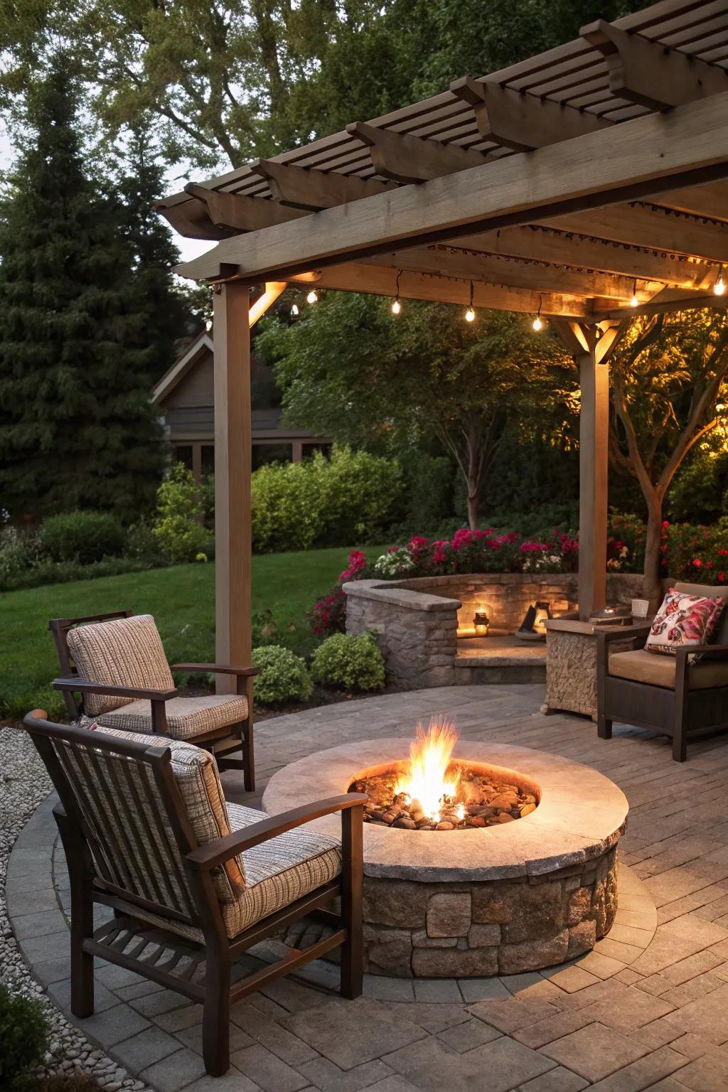 A brazier adds warmth and mood, great for cozy times.