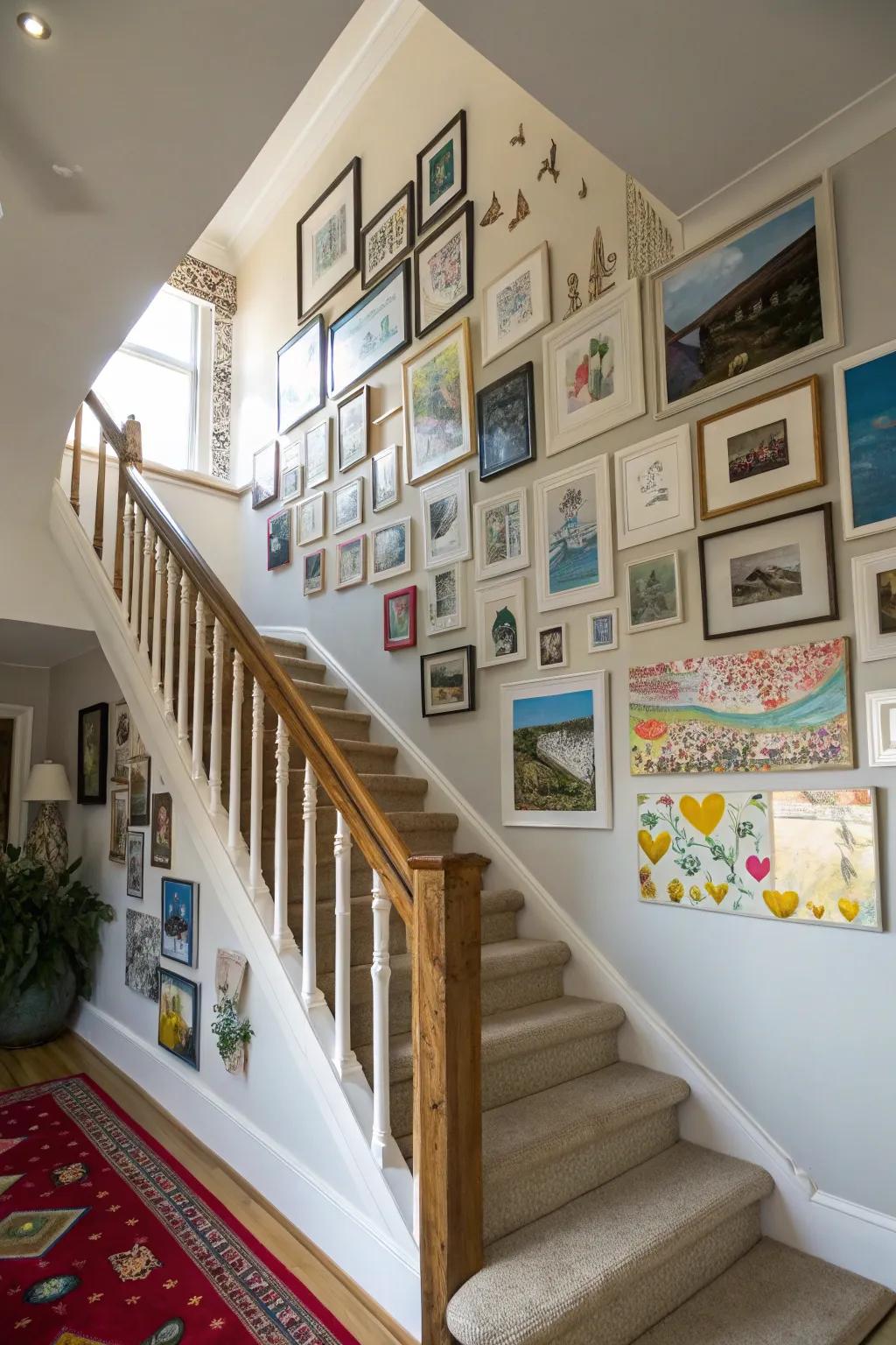 A vibrant and eye-catching gallery on a staircase.
