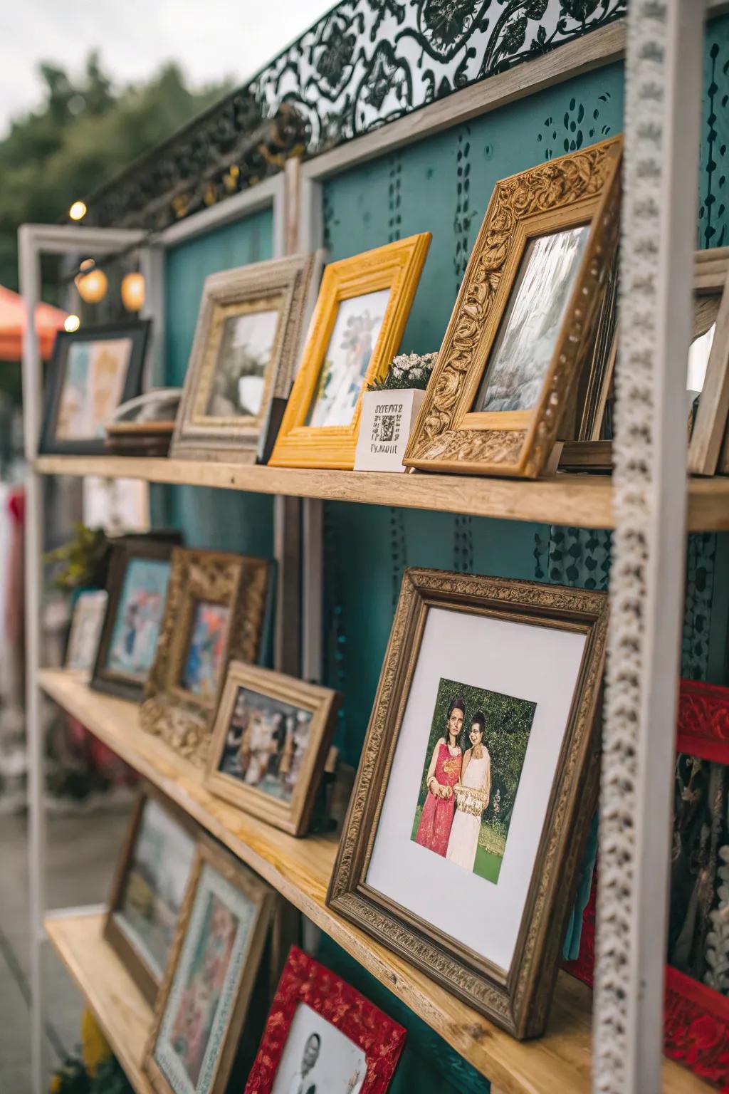 An eclectic display ledge features a mix of frame designs.