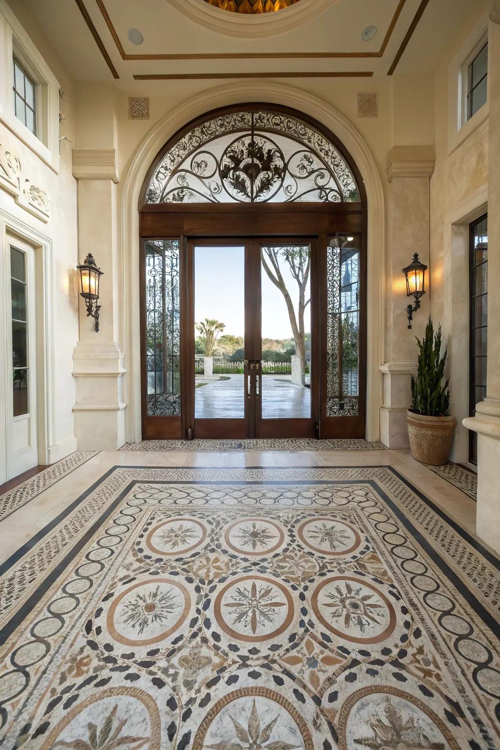 Mosaic tiles create an artistic and inviting entryway.
