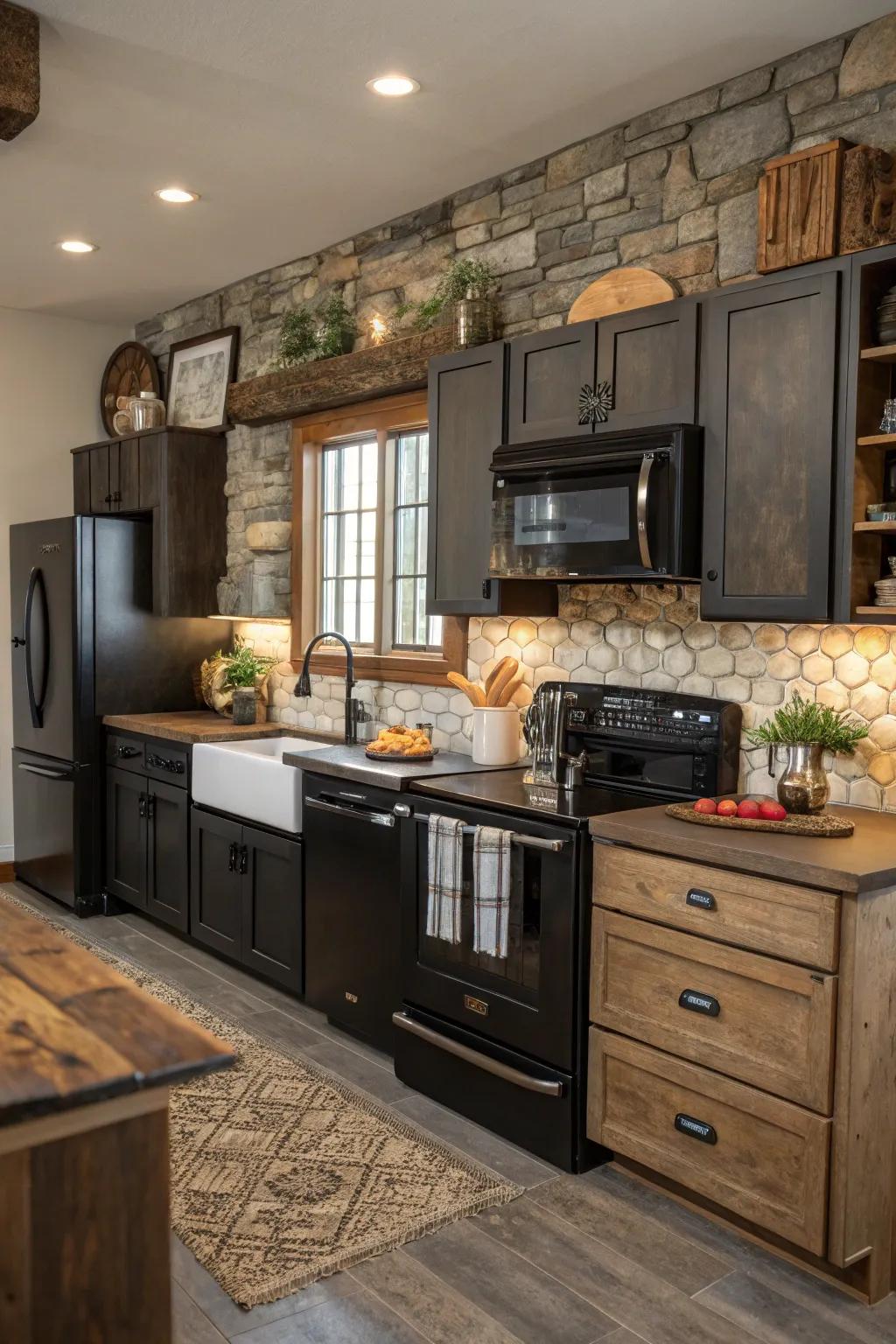A country cooking space with a contemporary twist featuring dark appliances.