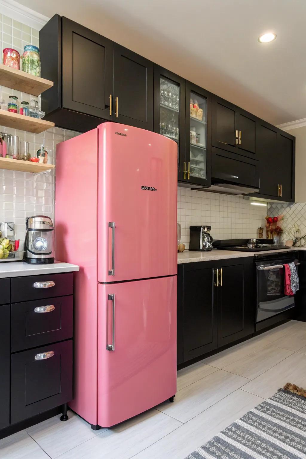 Rose appliances inject character and warmth into a charcoal-dominated cooking area.