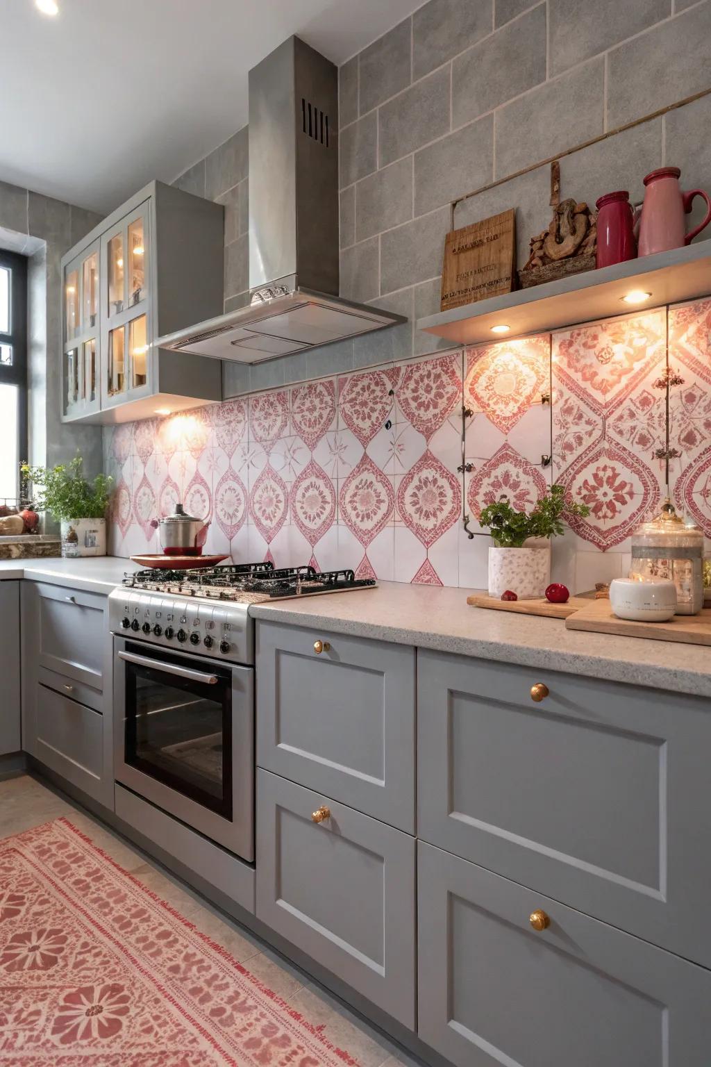 Grey walls alongside ornamental rose panels for a fresh feel.