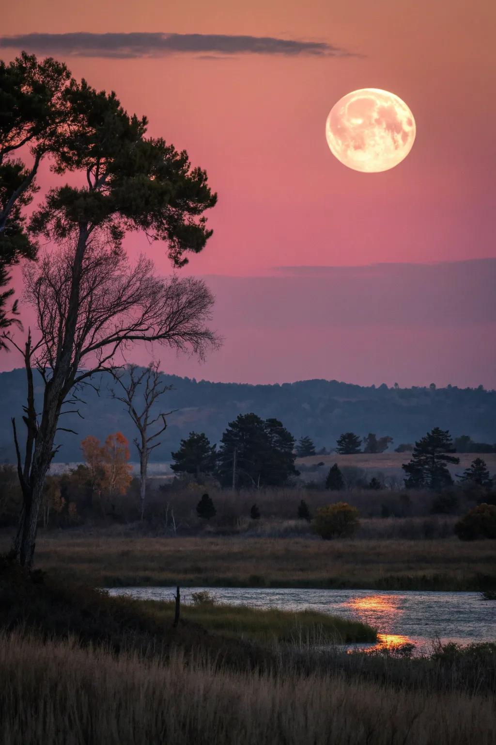 Mystical rosy-themed nocturnal setting featuring celestial bodies.