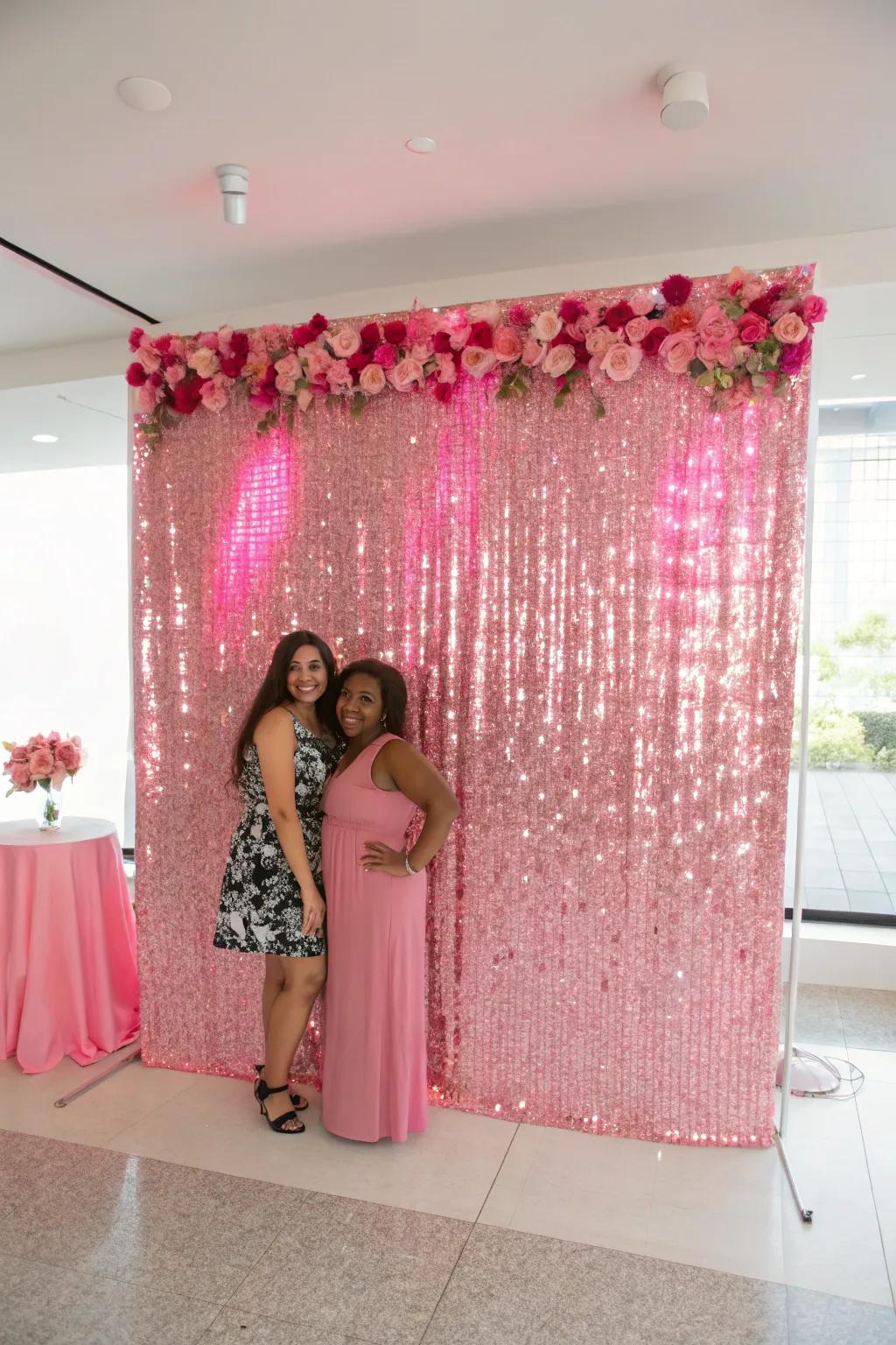 A pink-themed photo backdrop ensures picture-perfect moments.