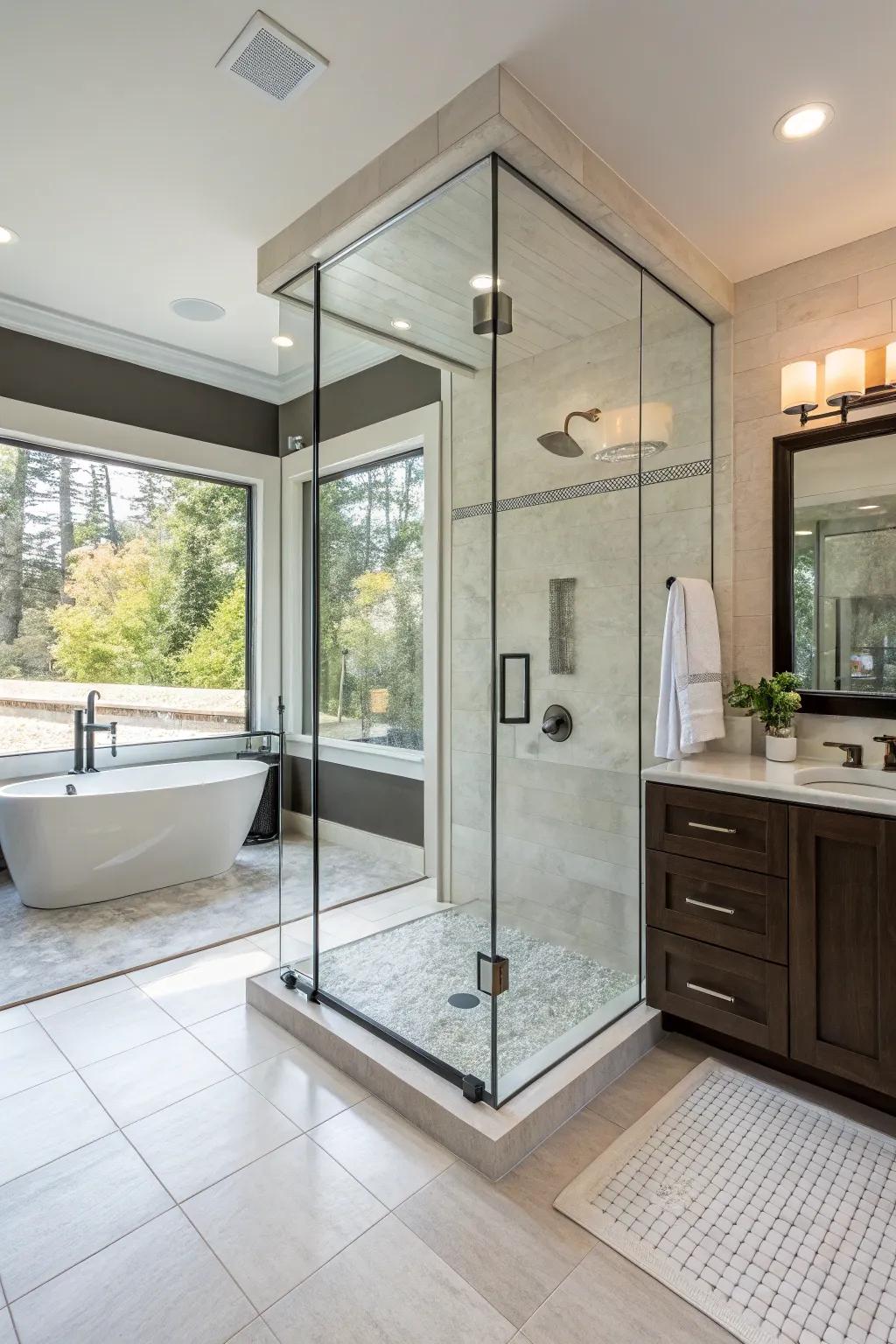 Open showers amplify space and class in bathrooms.