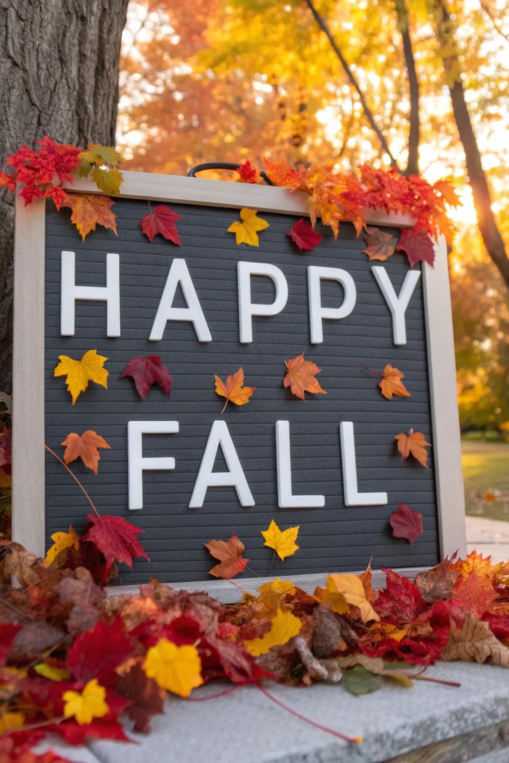 An affable fall display board showcasing cheerful axioms and vivid hues.