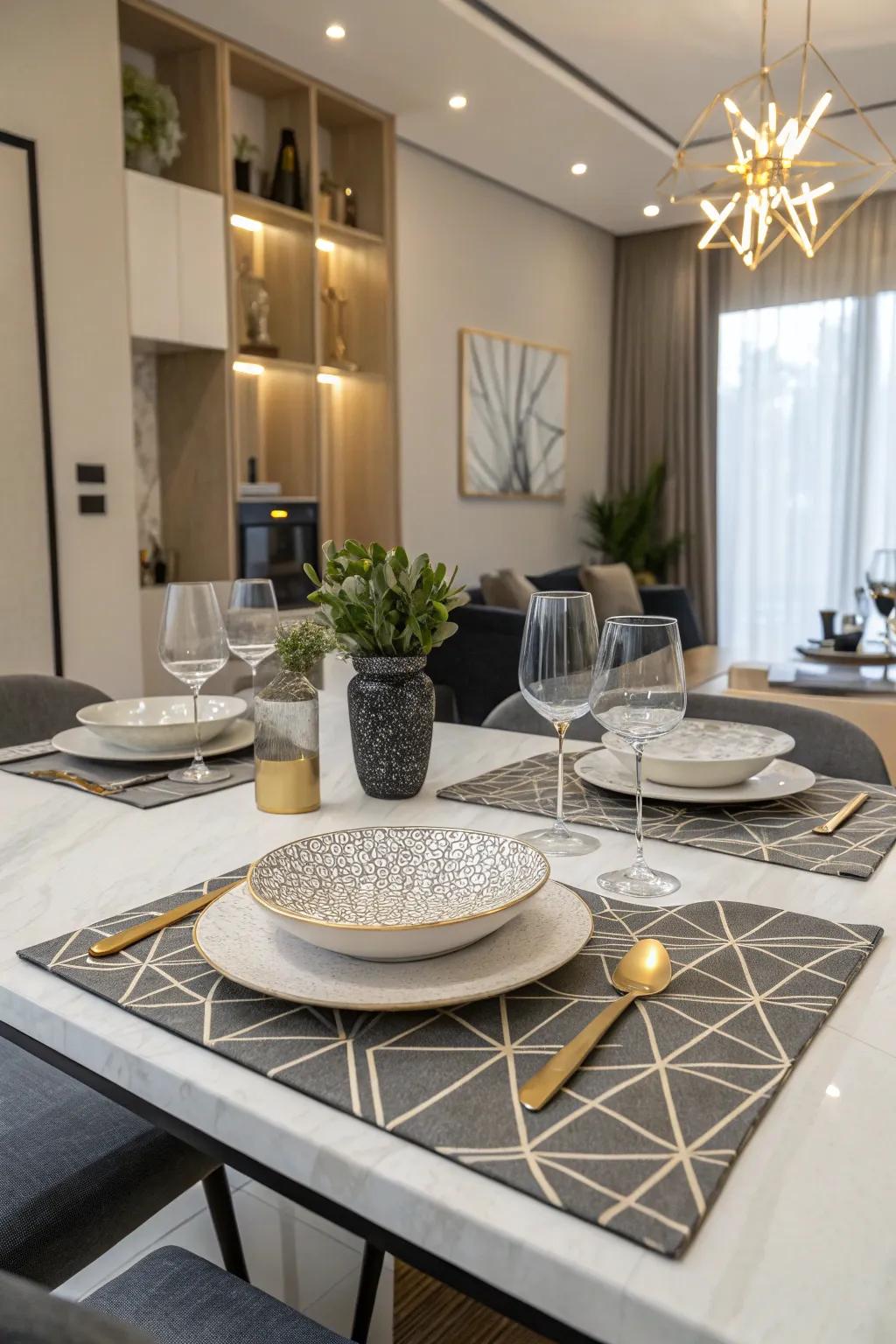 Geometric placemats introduce a modern touch to your dining arrangement.