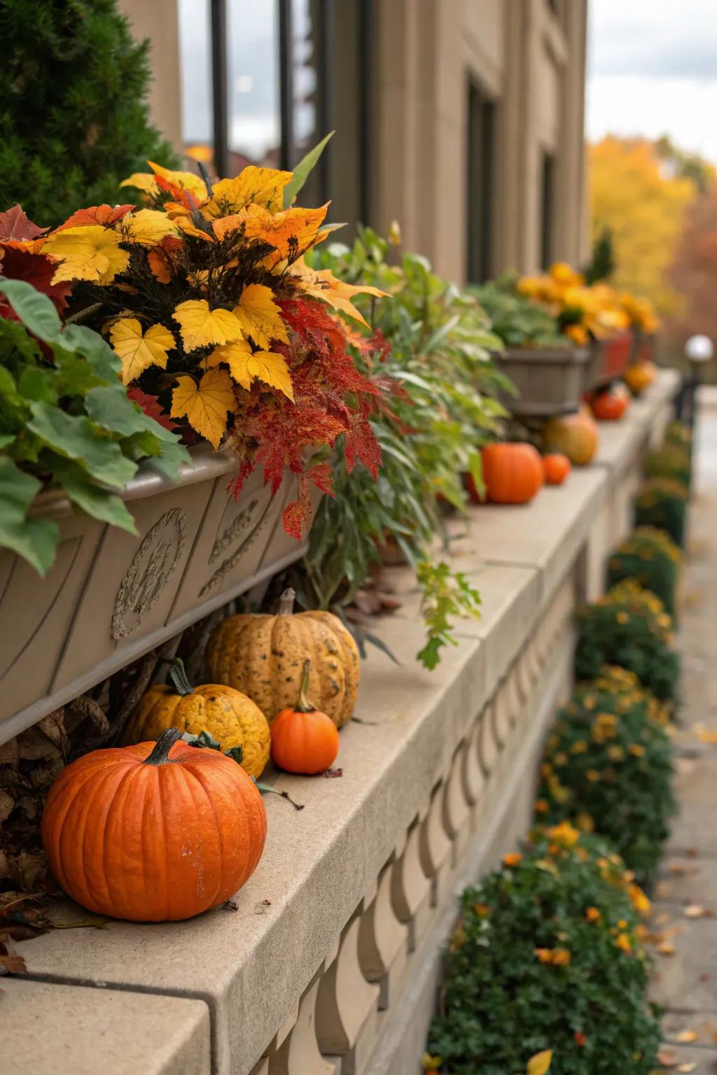 Periodic items such as gourds contribute a celebratory nuance to this botanical ledge.