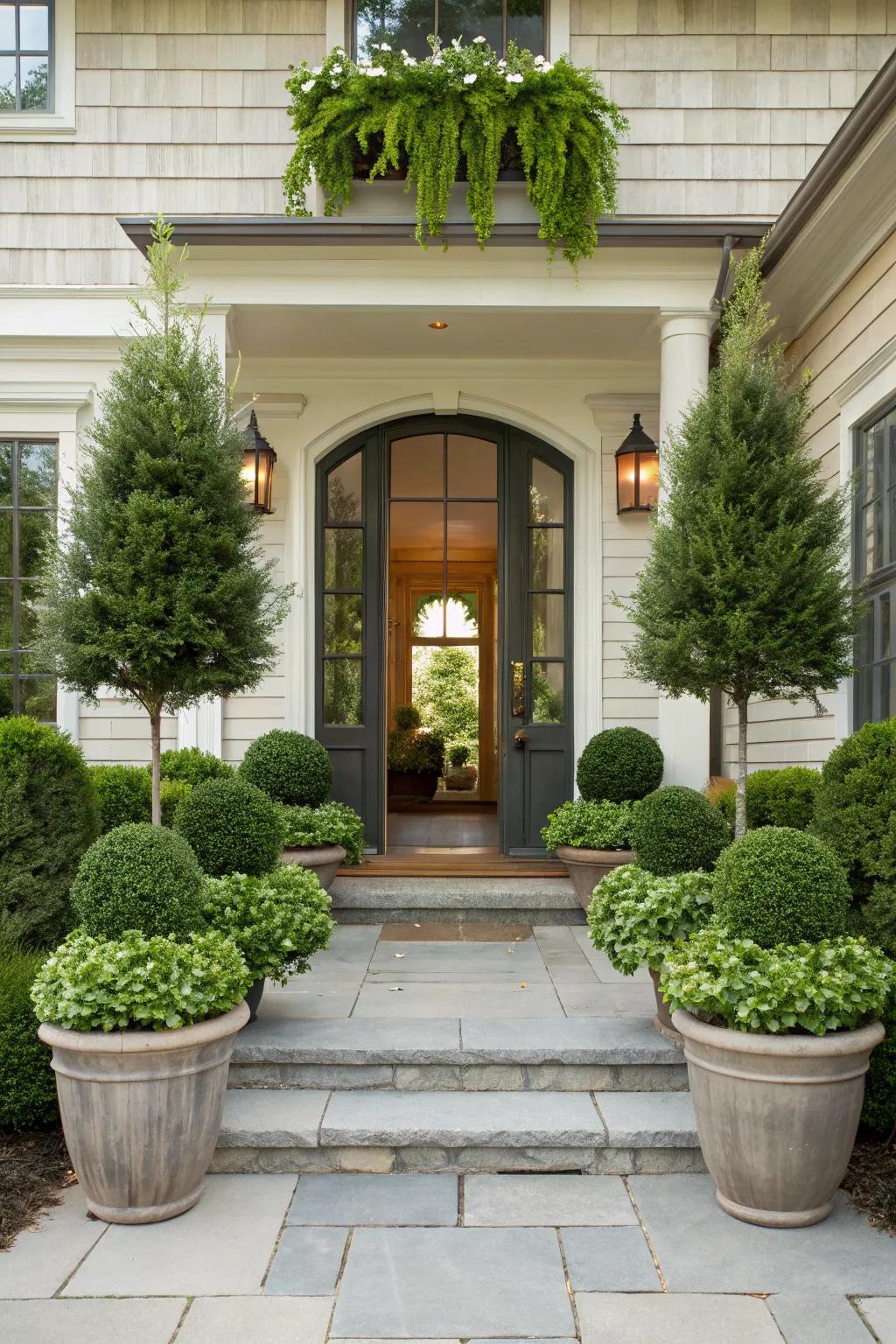 Balanced plant layouts frame the entrance beautifully.