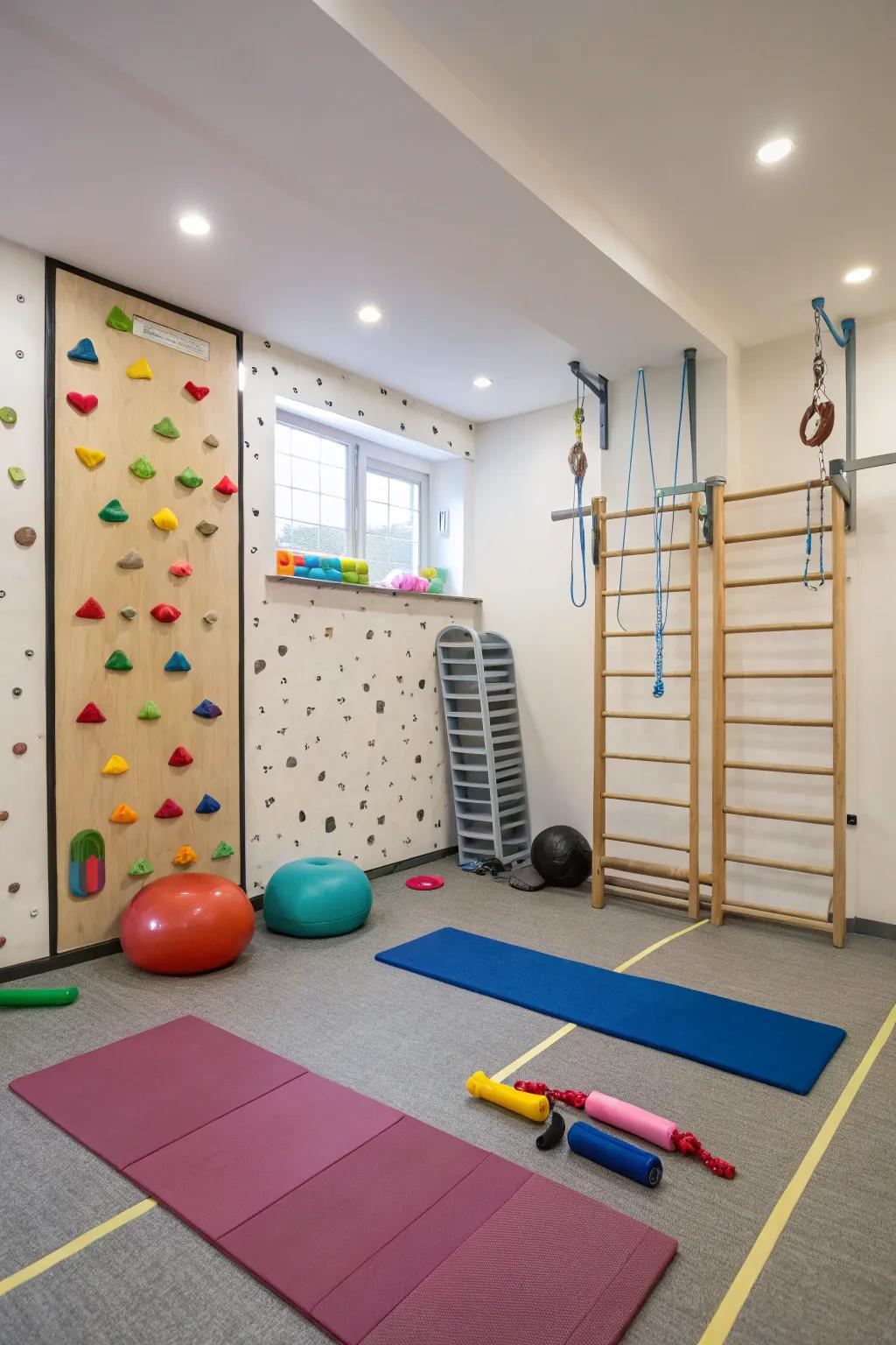 An amusement zone including workout devices for a healthy and balanced way of life.