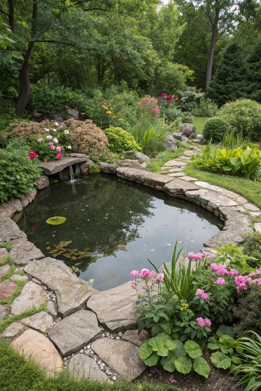 A pond with an asymmetric layout integrates beautifully into the garden landscape.