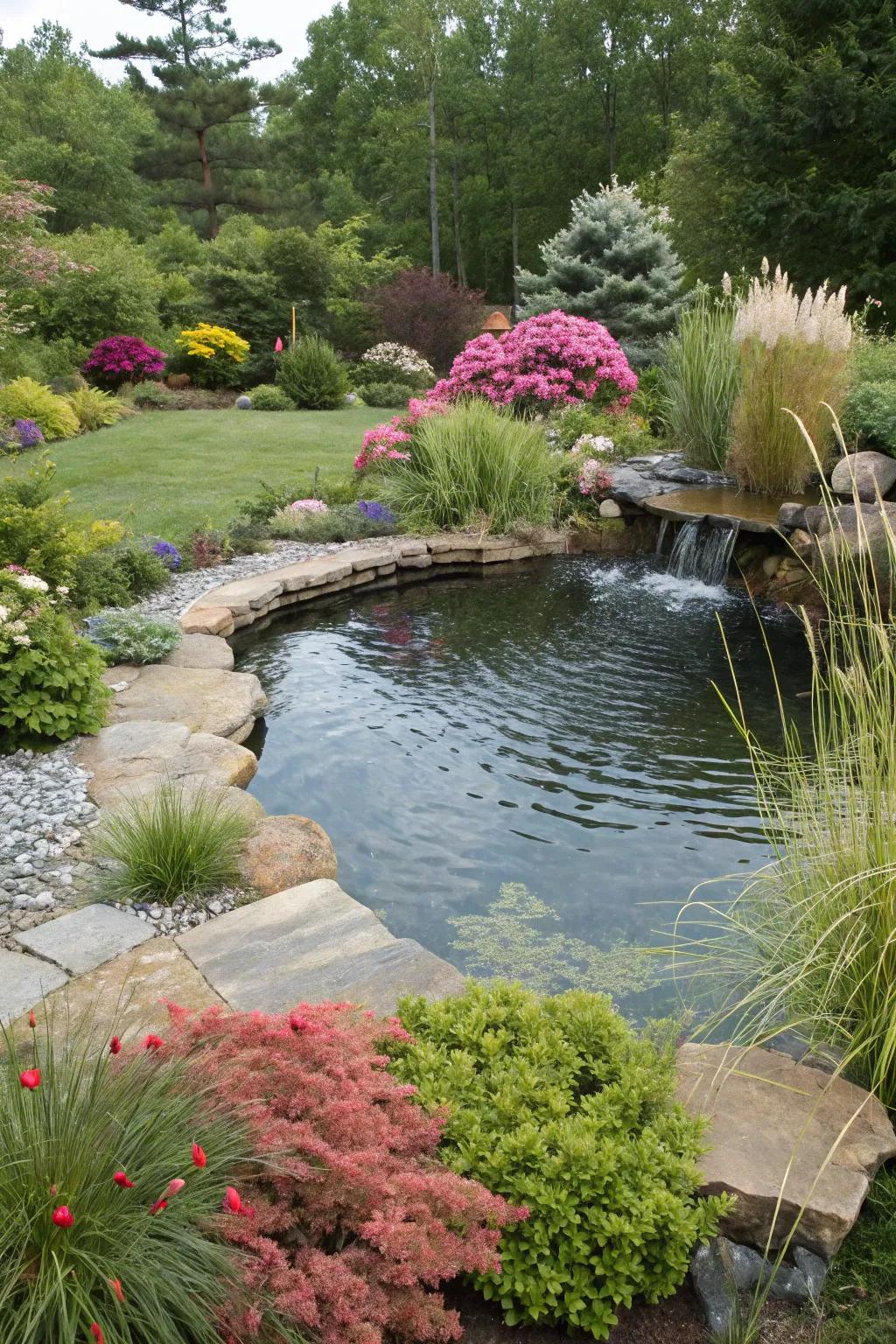 A backyard pond encompassed by an array of rich, assorted plants.