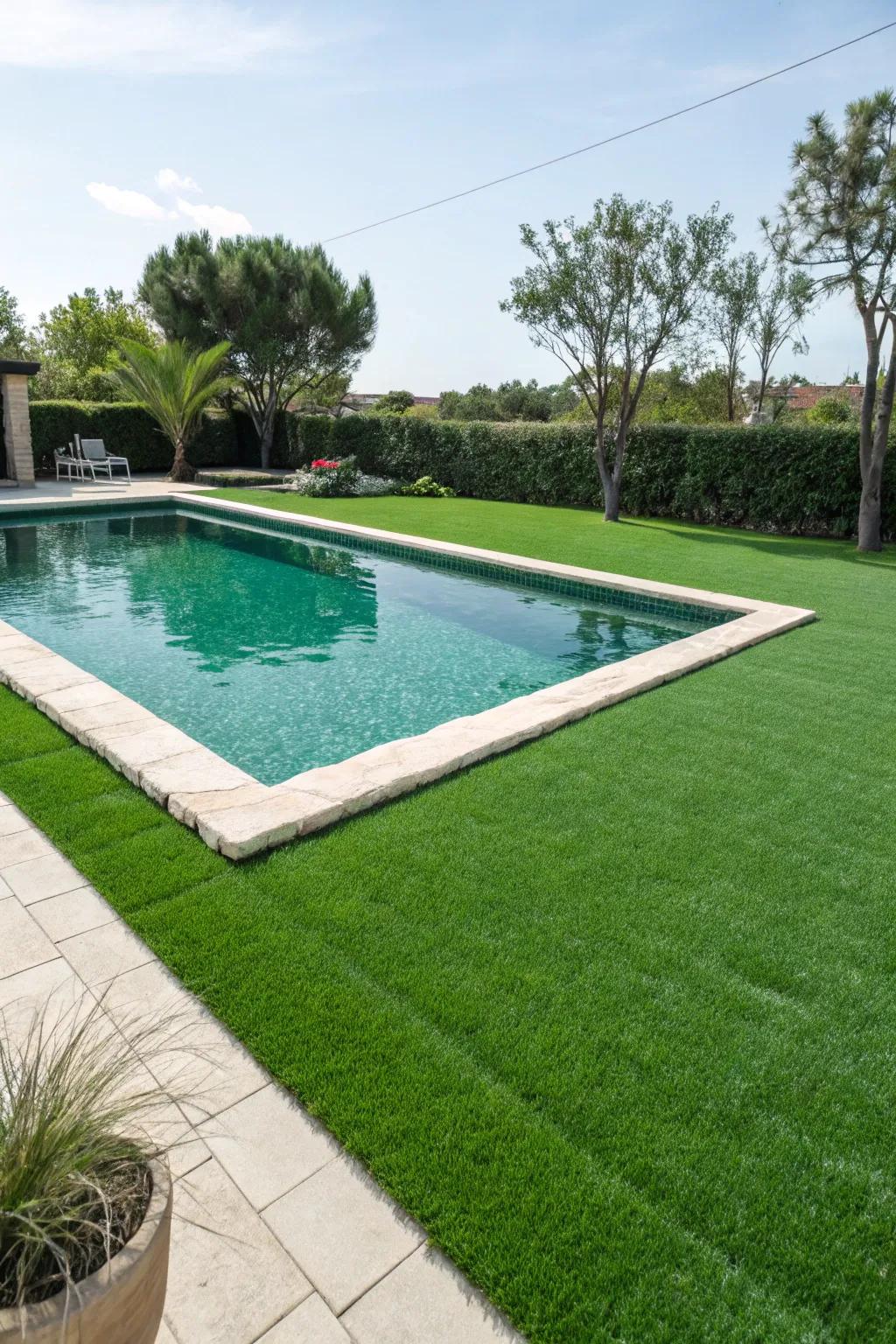 Grass substitute offers a low-maintenance green option for pool areas.