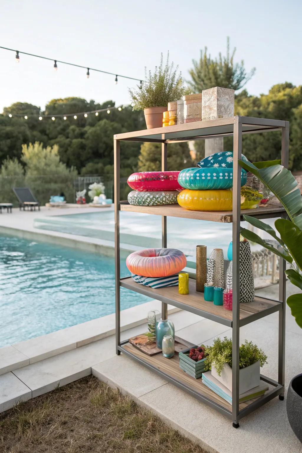 Shelves serving as both ornamental and practical storage for pool floats.