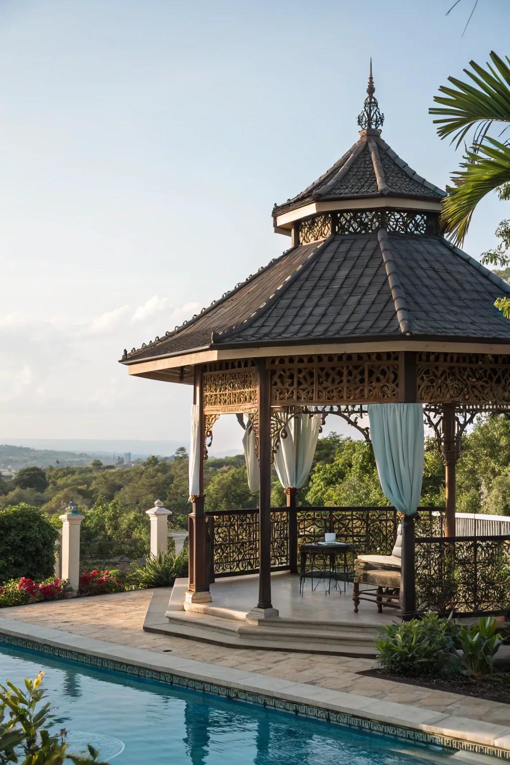 A stylish roof adds architectural flair to the poolside pavilion.
