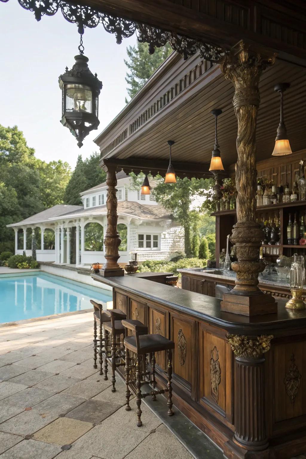 Classical design delivers an evocative feeling to your poolside wet bar.