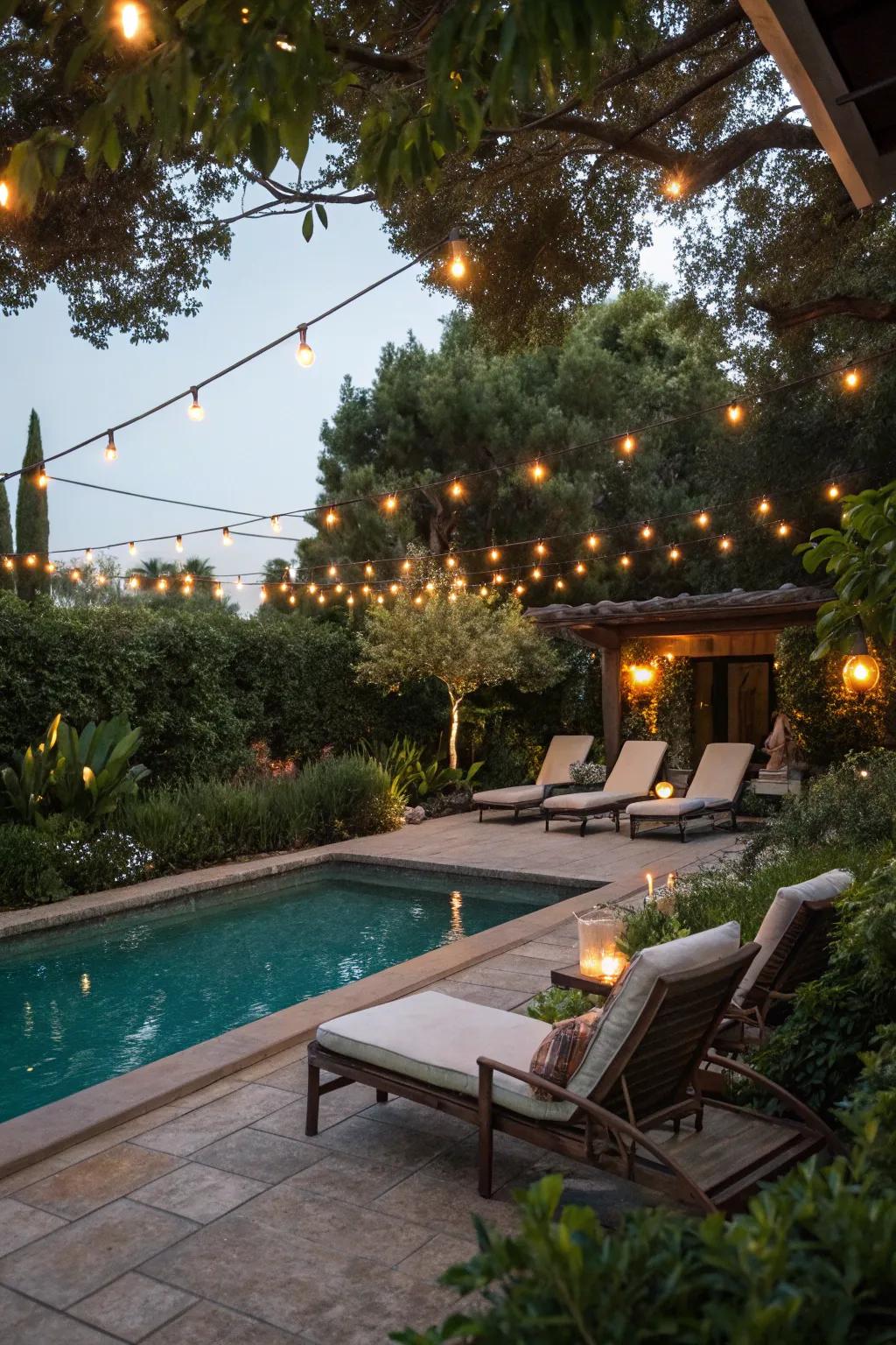 String lights inject a hint of magic into any gathering by the pool.