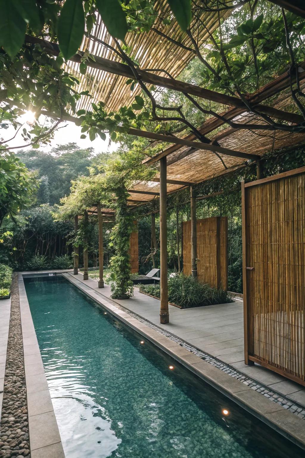 Natural features bring serenity and shade to poolside areas.