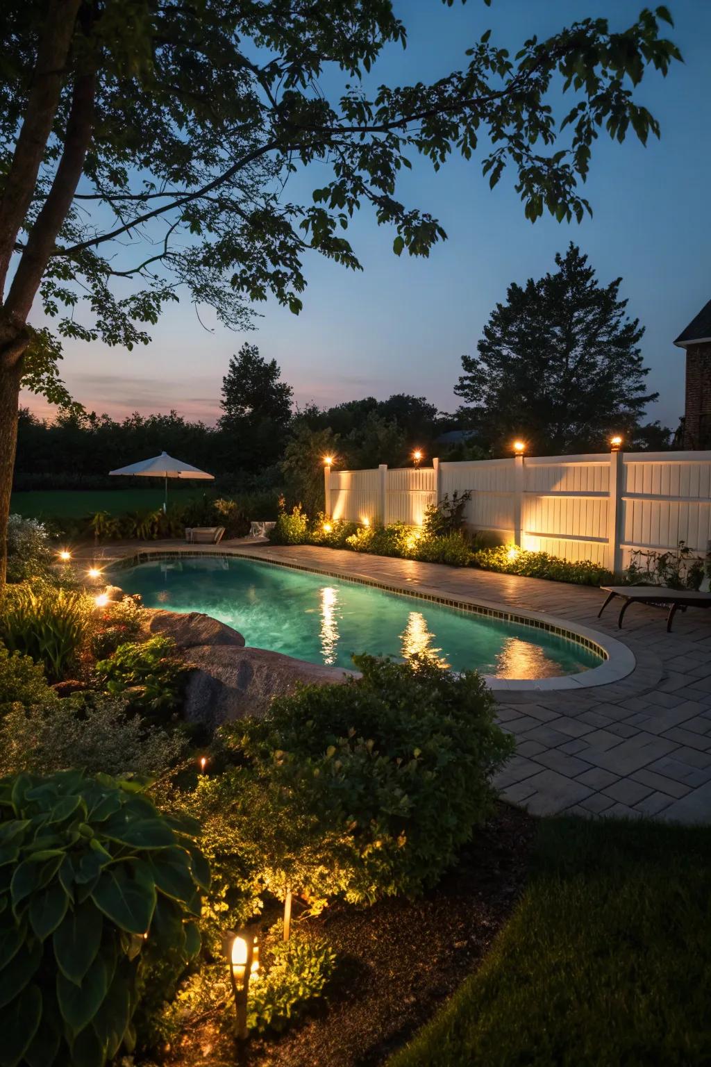 Ambient lighting transforms your pool area into an alluring evening retreat.