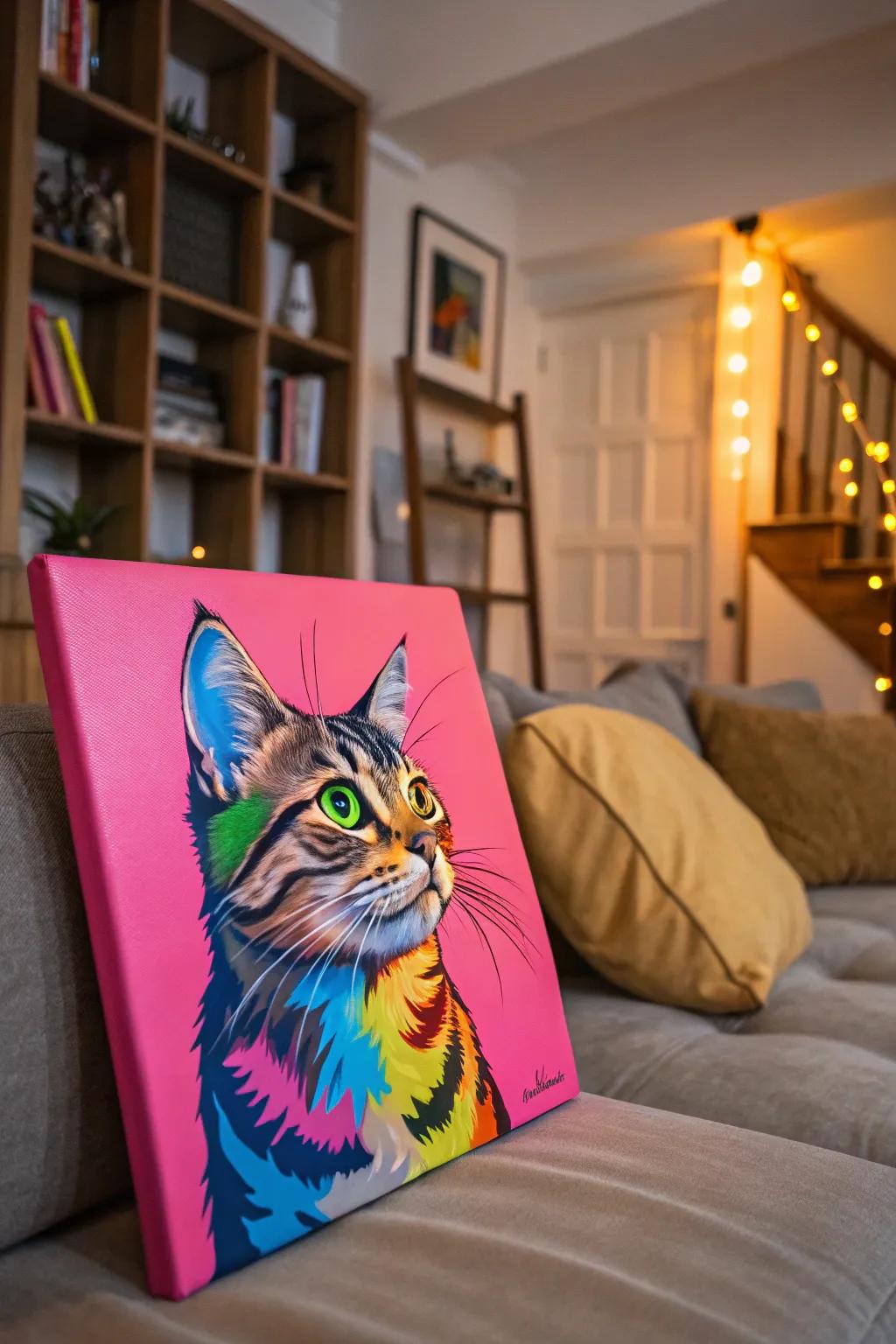A playful artistic pop representation painting of a feline with a bright background.