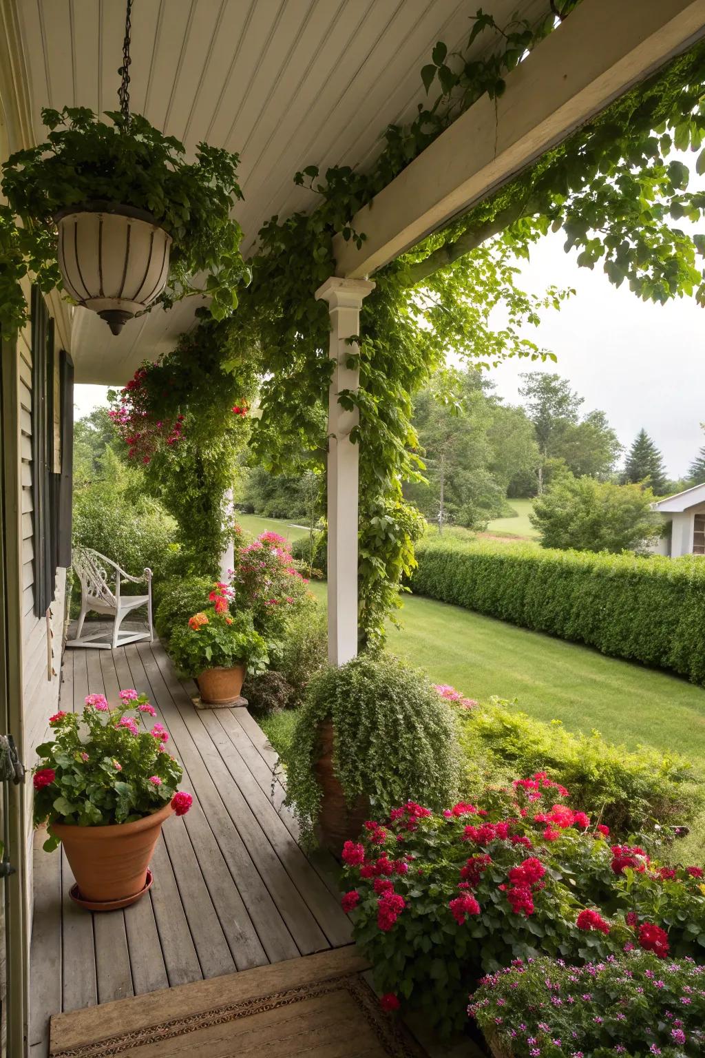 A porch expansion with lush greenery and plant displays.