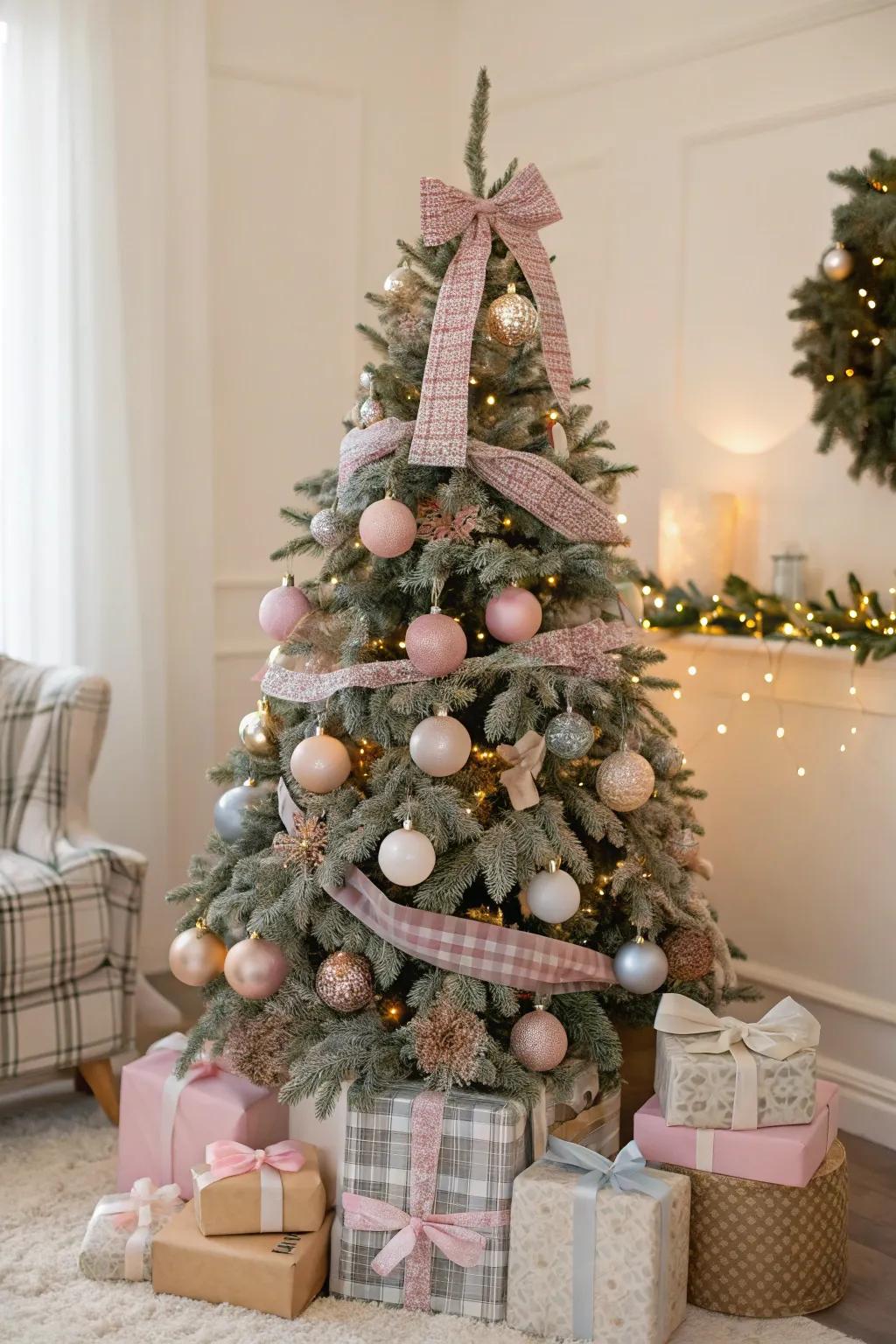 A classic style Christmas tree decorated with pastel and tartan decorations.