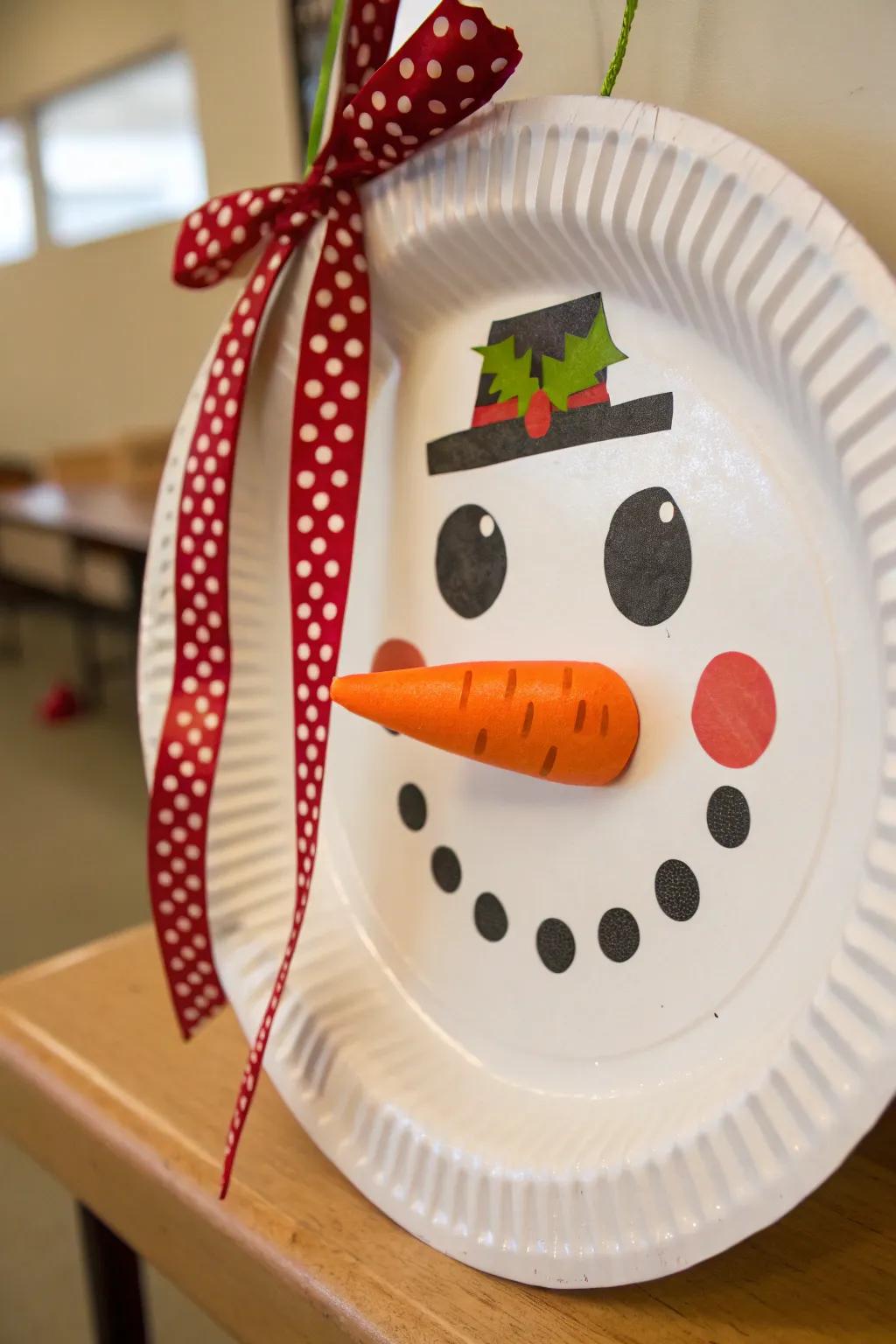A whimsical paper circle snowman ornament, sure to bring smiles to everyone.
