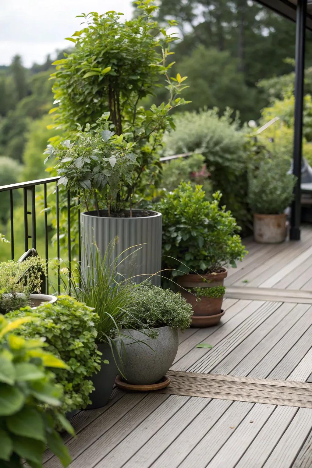Strategically positioned potted vegetation crafts a secluded deck alcove.