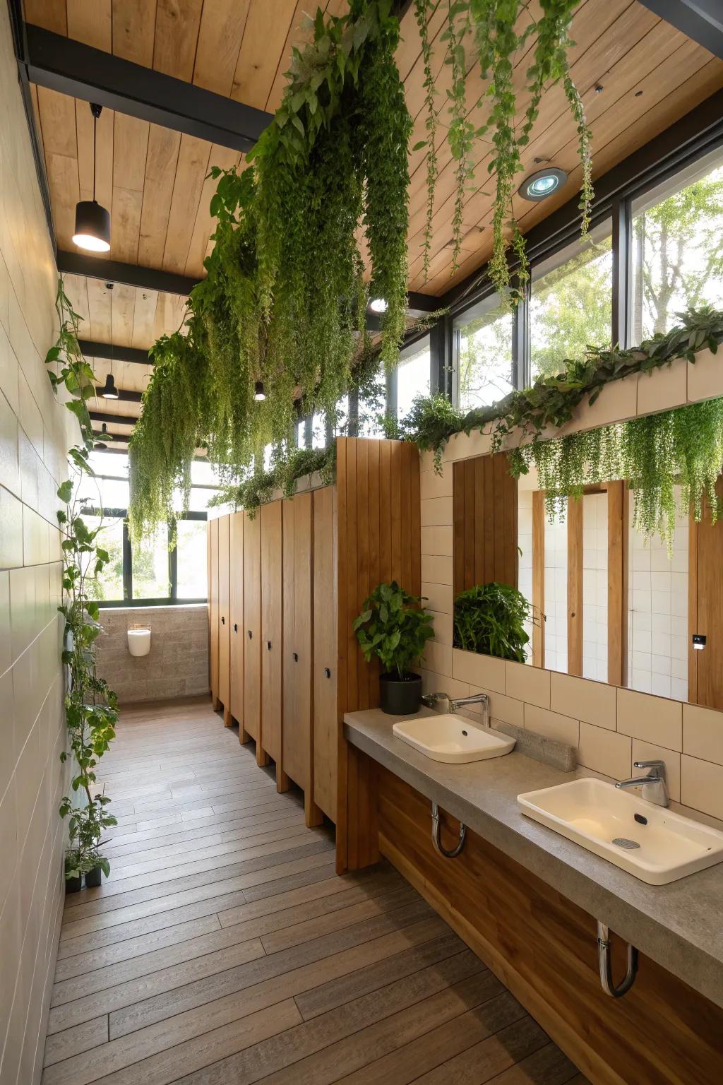 Organic accents contribute a refreshing and tranquil atmosphere to communal restrooms.