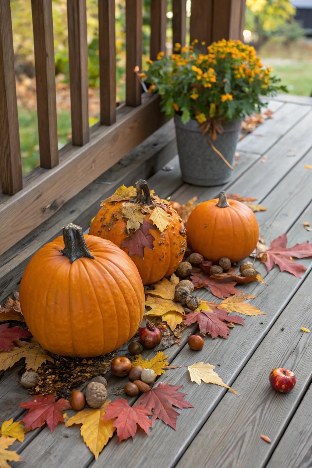 Nature-themed pumpkins dressed with leaves and acorns.