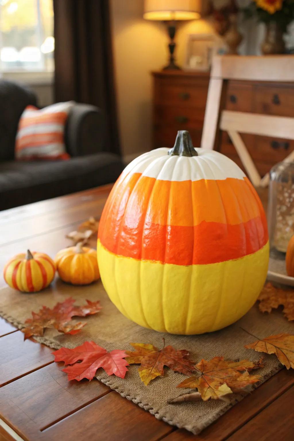A sugary confection pumpkin enhancing fall decorations with a pop of color.