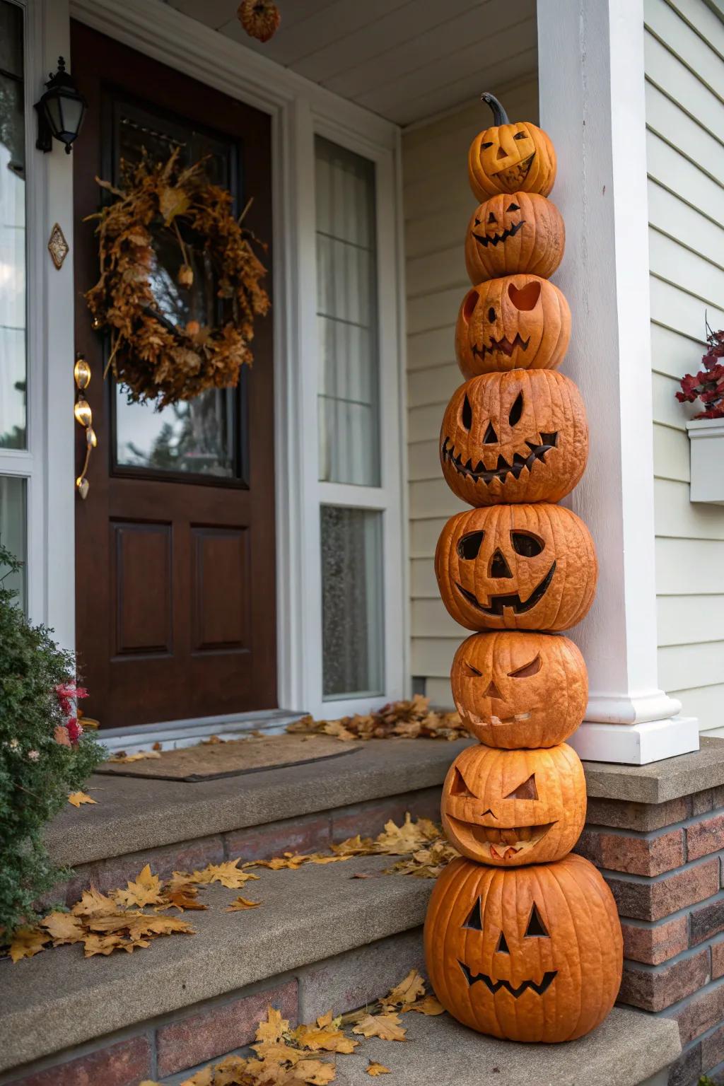 Stacked pumpkin tower creating a dynamic entrance.