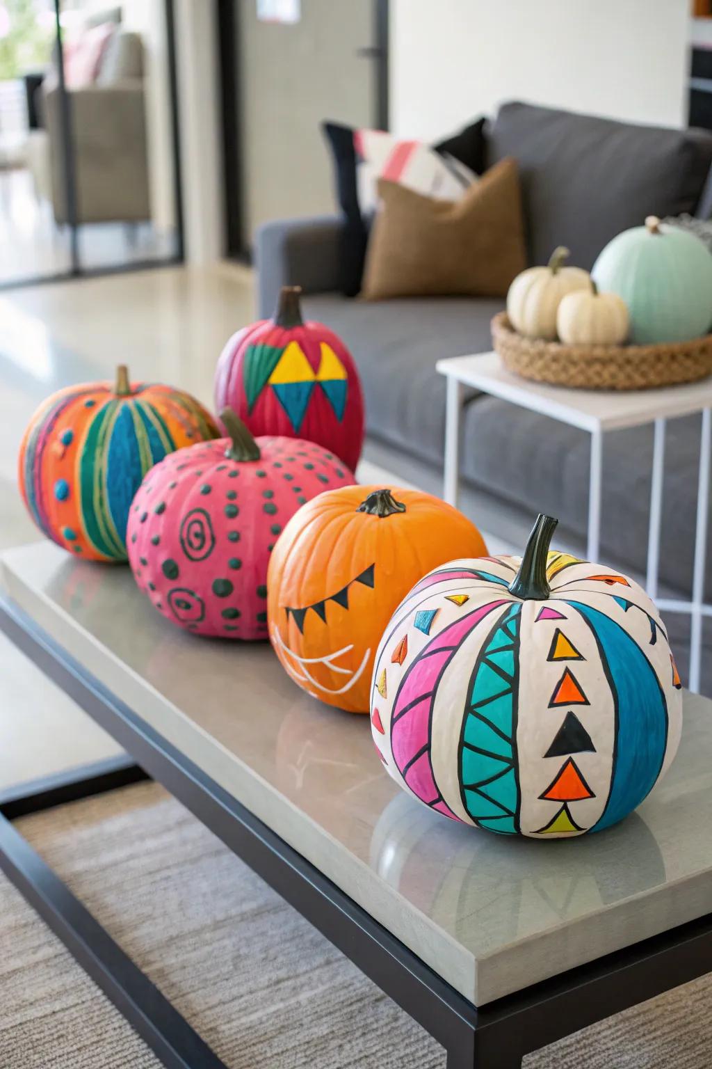 Colorful painted pumpkins with bold designs.