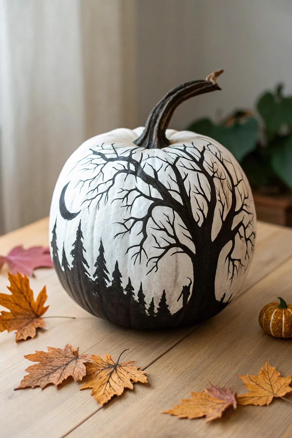 Transform your pumpkin into a mysterious masterpiece with gloomy woodland contours. Embrace the allure of simplicity this Halloween!