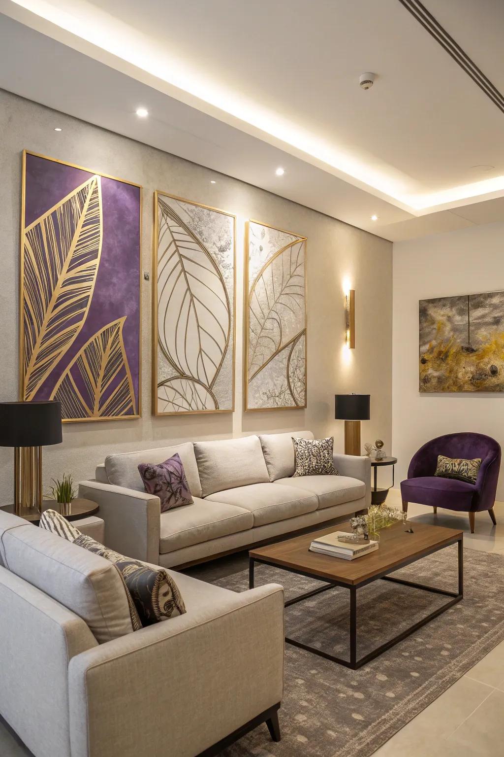 Conceptual artwork in purple and gold brings the room together.