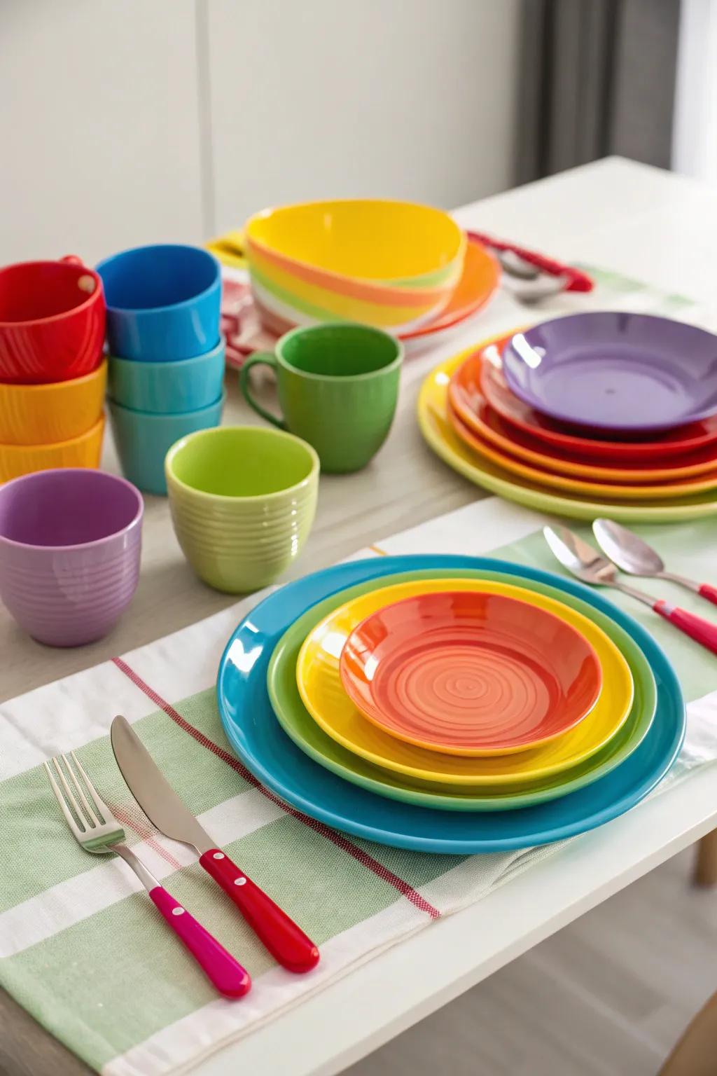 A joyful table setting with lively spectral tableware.