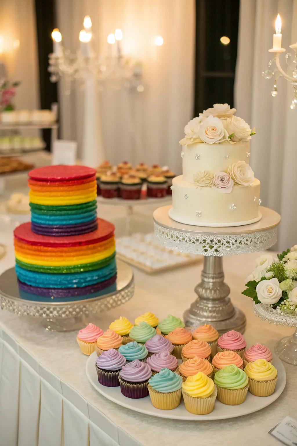 A wedding treat presentation showcasing a prismatic layered cake and vibrant cupcakes.
