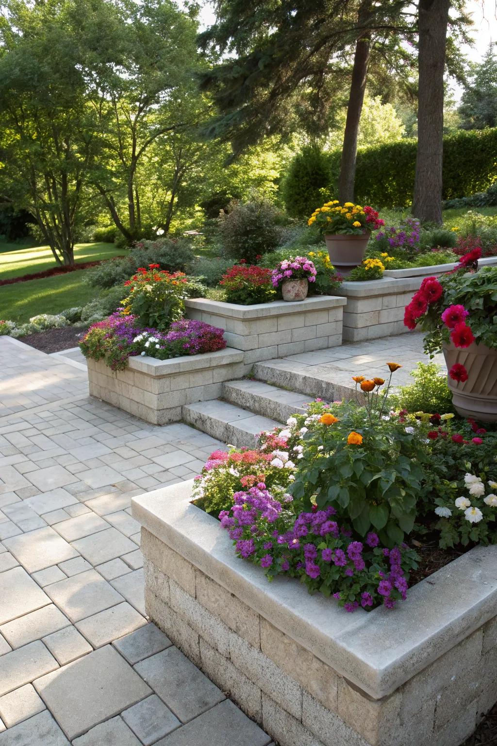 Planters integrate greenery seamlessly into the patio design.