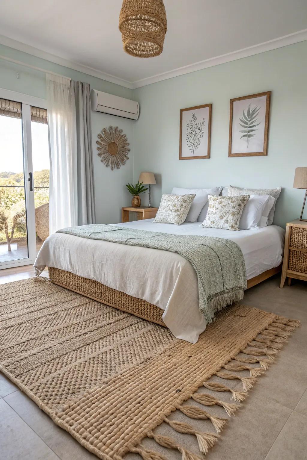 A rattan rug contributes feel and heat to your bedroom floor.