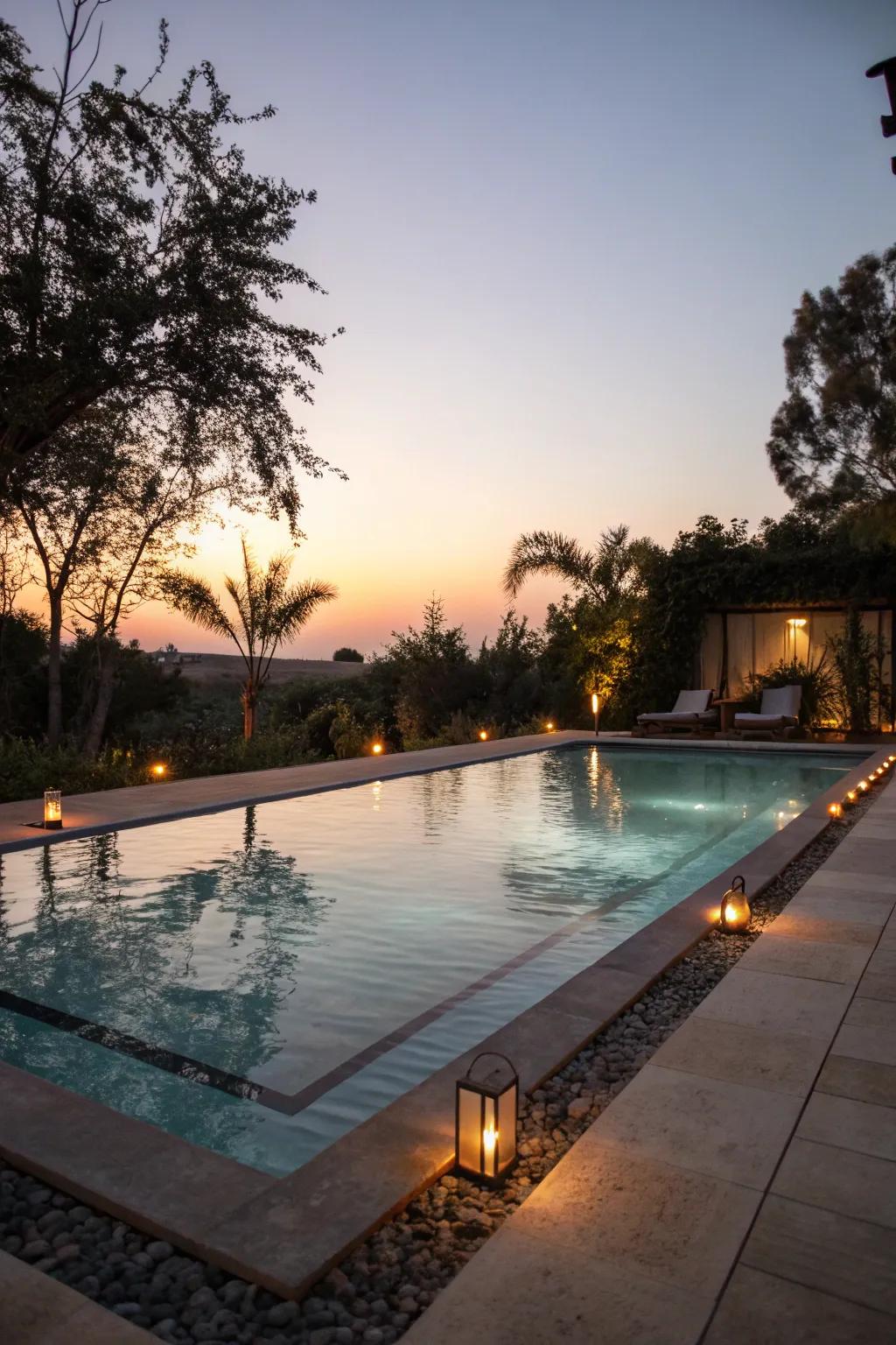 Mood lighting changes the pool zone into a night getaway.
