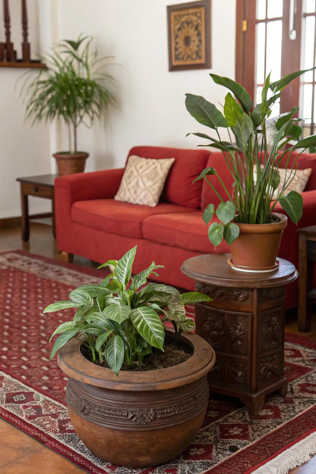 Flora adds a refreshing contrast to a scarlet and cocoa color scheme.