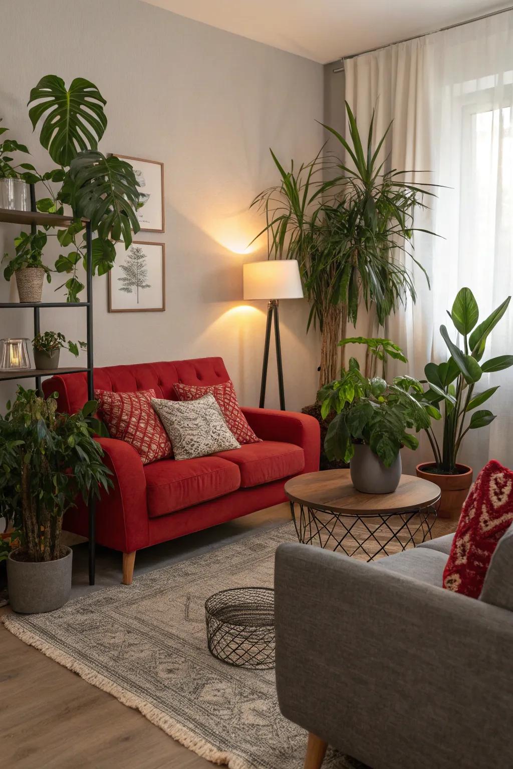 Vegetation introduces a natural contrast to the crimson and charcoal palette.