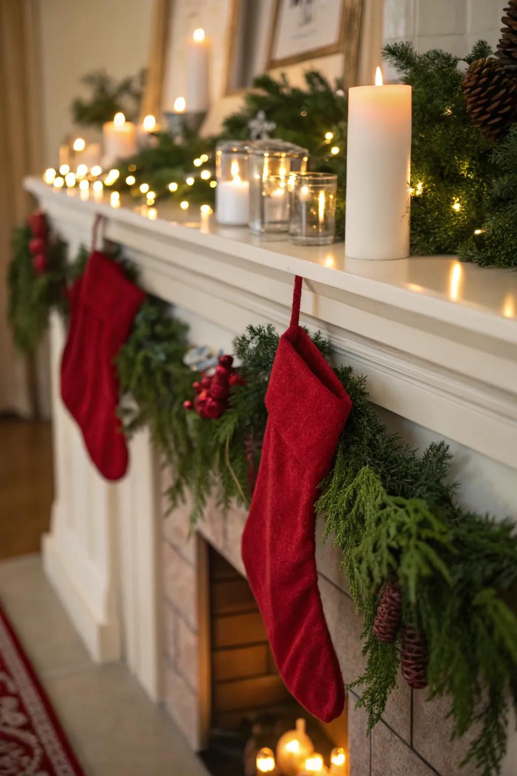 An enchanting mantel embellished with crimson accents.