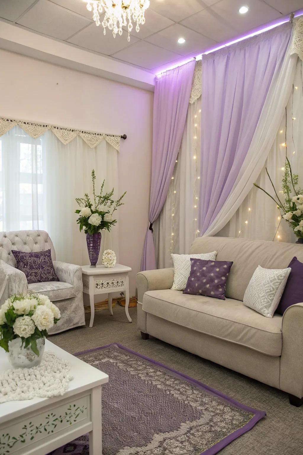 A relaxing color scheme with muted neutrals and lavender accents.